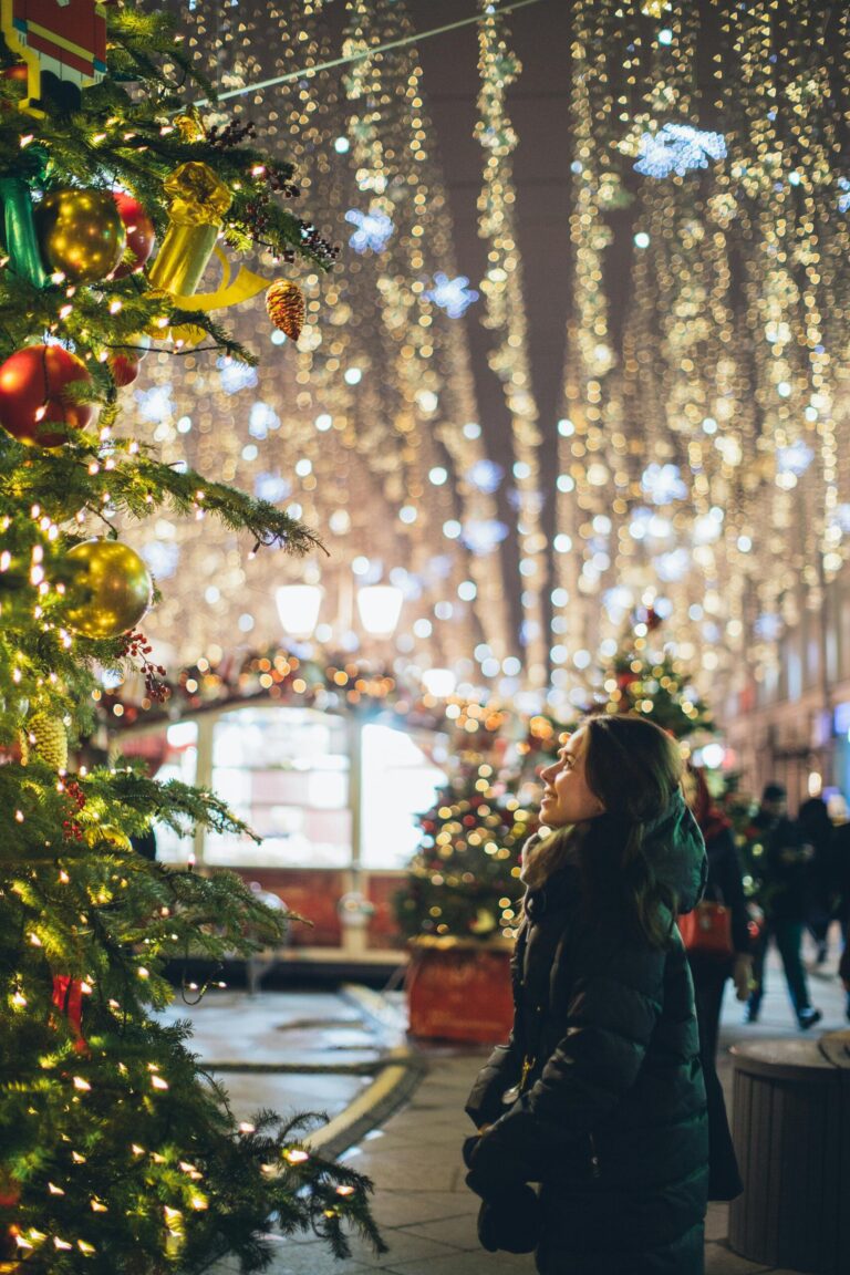 Christmas scene with a woman admiring festive decorations at a market.